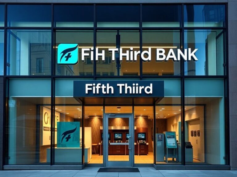 A modern Fifth Third Bank branch in a Midwestern city, featuring clean architecture, digital signage, and customers using mob