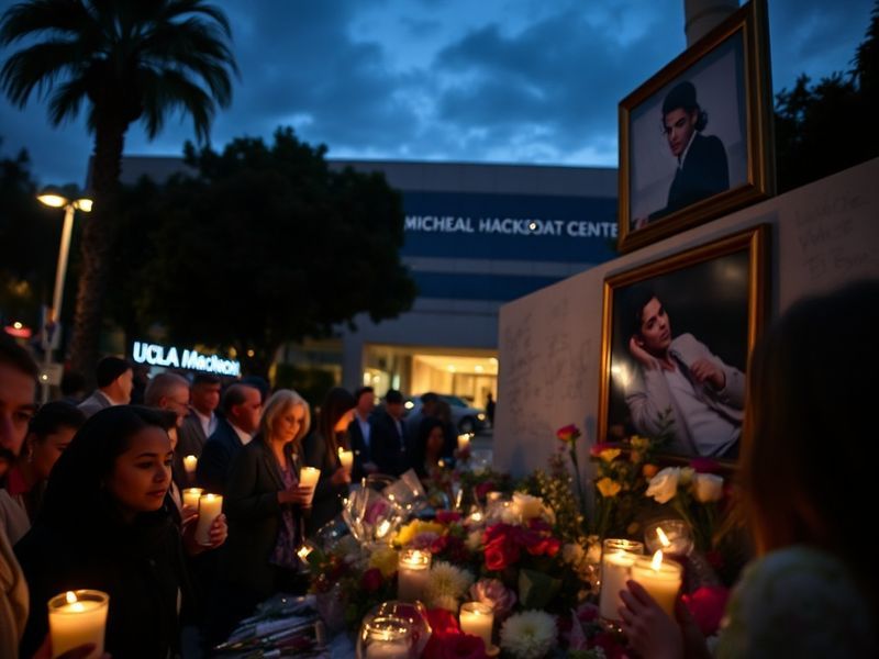 A somber black-and-white photograph of Michael Jackson performing on stage, bathed in dramatic lighting, with a blurred audie