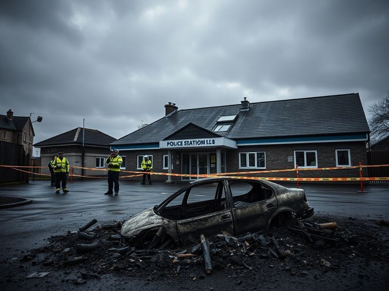 A black-and-white photograph of Dunmurry Police Station after the 1989 car bomb attack, showing damaged walls, shattered wind