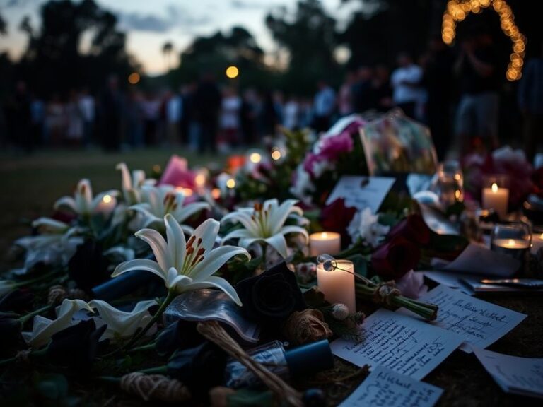 A somber black-and-white photo of Michael Jackson performing on stage, bathed in spotlight, with a crowd of fans holding cand