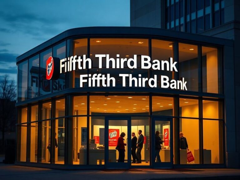 Exterior view of a Fifth Third Bank branch in a Midwest city, featuring modern architecture, a blue and white color scheme, a