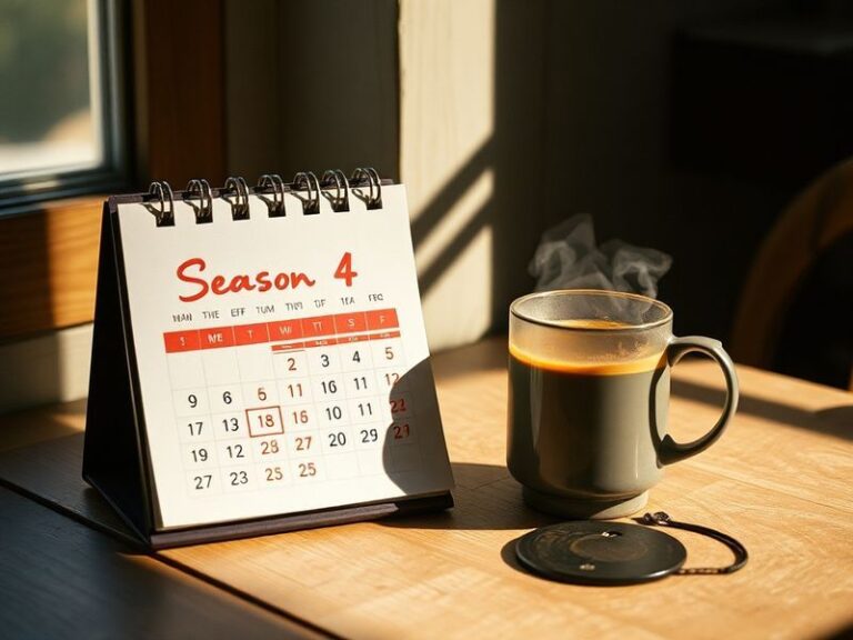 A calendar marked with 'Season 4 Episode 2' in bold red letters, surrounded by scattered fan art, streaming device icons, and