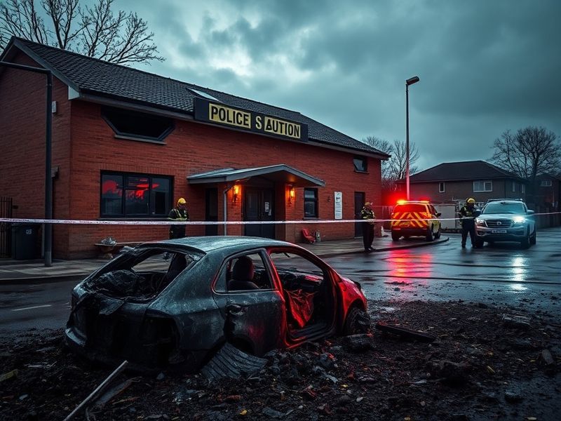 A black-and-white photograph of Dunmurry Police Station after the 1990 car bomb attack, showing shattered windows, debris, an
