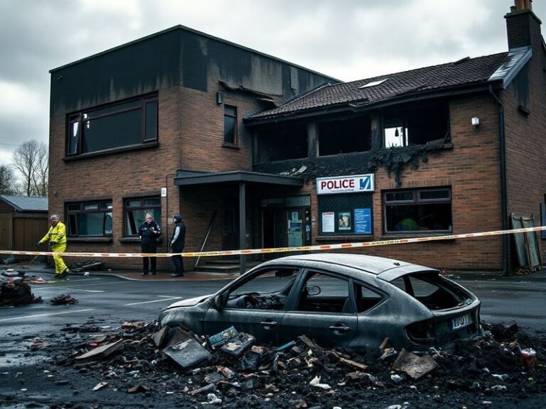 A black-and-white photograph of Dunmurry Police Station after the 1981 car bomb explosion, showing damaged walls, shattered w
