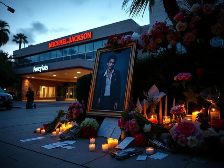 A somber memorial scene with fans holding candles and flowers outside Neverland Ranch at dusk, bathed in soft golden light. T