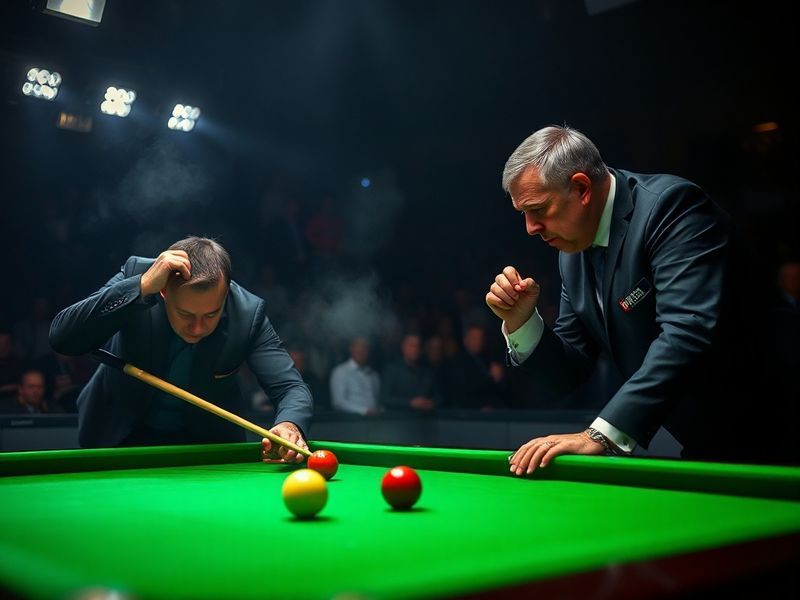A split-screen image showing Ronnie O'Sullivan in mid-shot with a cue and John Higgins focused over the table, capturing the