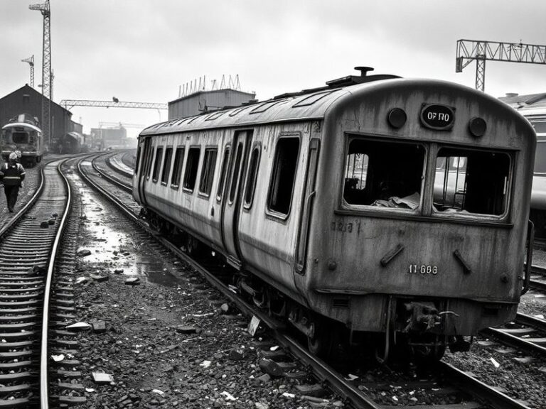 A somber black-and-white photograph of Dunmurry Square post-bombing, showing the devastation, debris, and a memorial plaque w