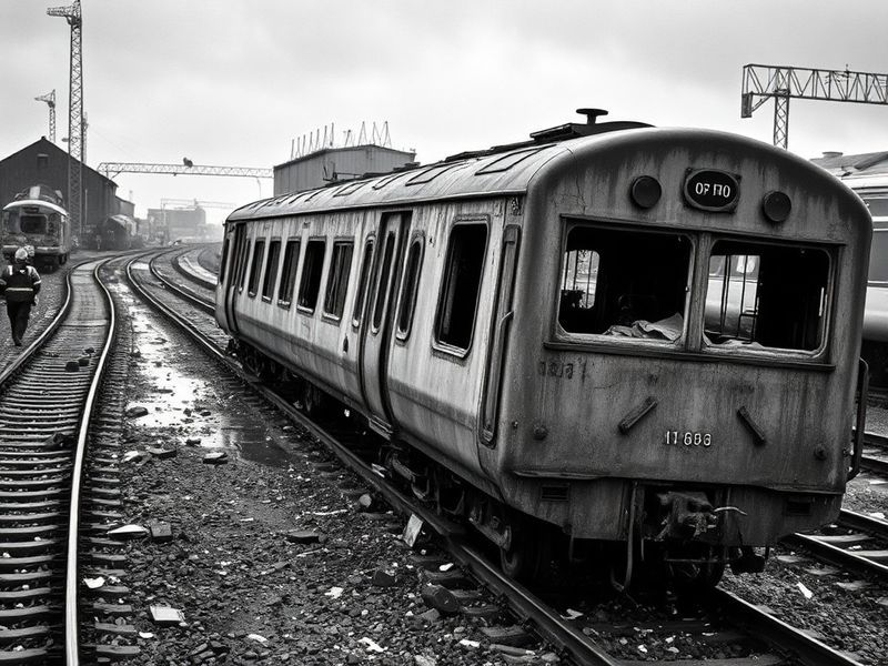 A somber black-and-white photograph of Dunmurry Square post-bombing, showing the devastation, debris, and a memorial plaque w