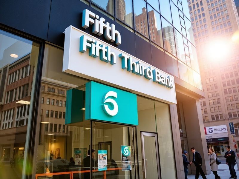 A modern office building with the Fifth Third Bank logo prominently displayed, set against a cityscape in Cincinnati, Ohio. T