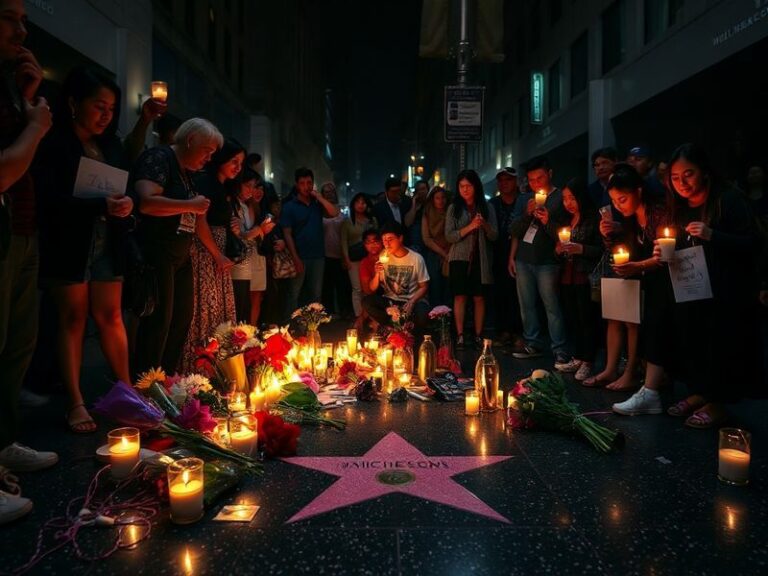 A somber black-and-white photograph of Michael Jackson performing on stage, bathed in dramatic lighting with fans holding can