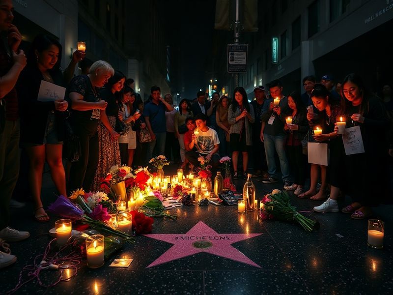 A somber black-and-white photograph of Michael Jackson performing on stage, bathed in dramatic lighting with fans holding can