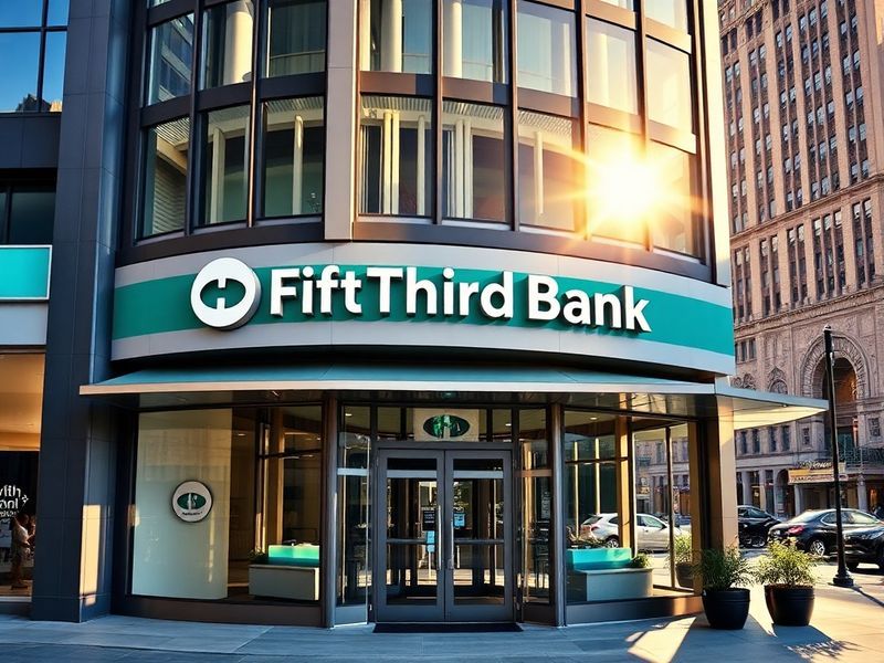 A modern Fifth Third Bank branch with blue and orange signage, set in a bustling city downtown. The scene includes customers