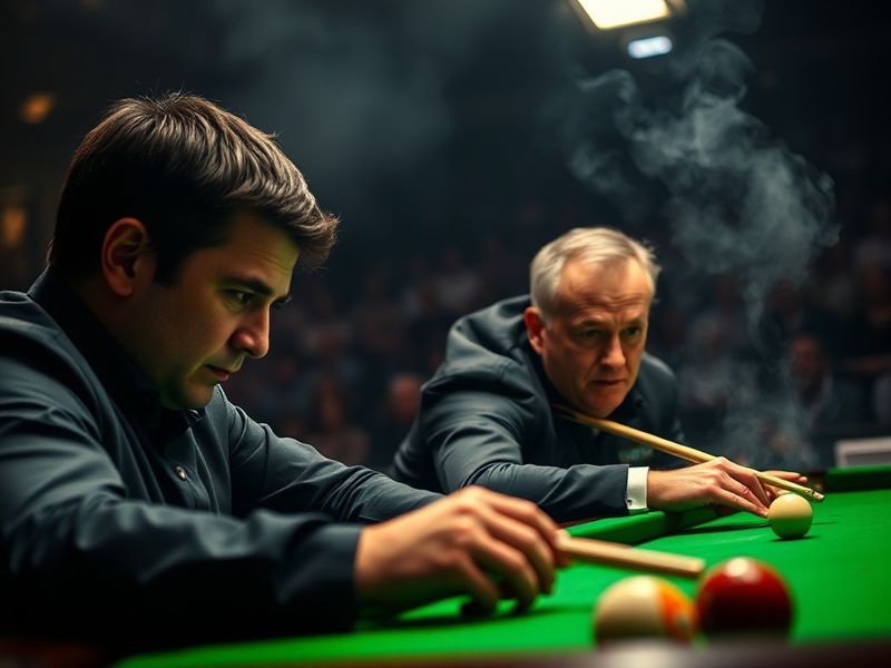 A tense moment during a snooker match featuring Ronnie O'Sullivan and John Higgins at a major tournament, with a packed audie