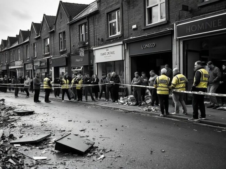 A wide-angle shot of Dunmurry Square in Belfast, showing boarded-up windows and debris from the bombing, with emergency servi
