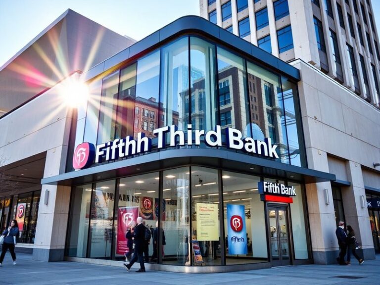 A modern Fifth Third Bank branch in a bustling city, with digital interface elements like tablets and smartphones integrated