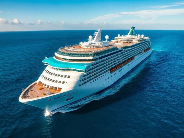 The Sapphire Princess cruise ship sailing through clear blue waters with its distinctive blue and white hull, surrounded by t