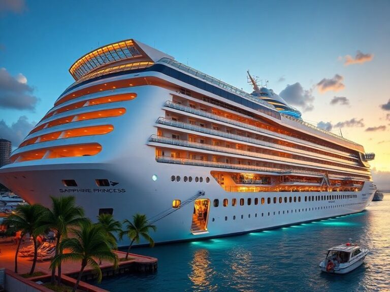 A vibrant sunset view of the Sapphire Princess cruise ship sailing through turquoise waters, with passengers enjoying the out