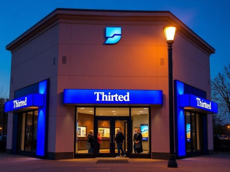 A modern Fifth Third Bank branch in a Midwestern city, blending traditional architecture with digital signage. The scene incl