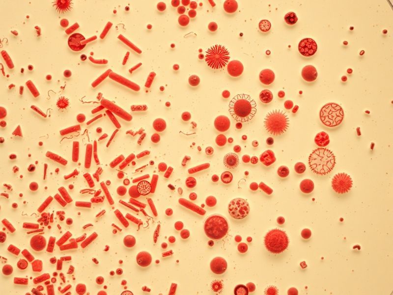 A high-magnification image of colorful bacteria colonies growing on agar plates in a laboratory setting, with scientific tool