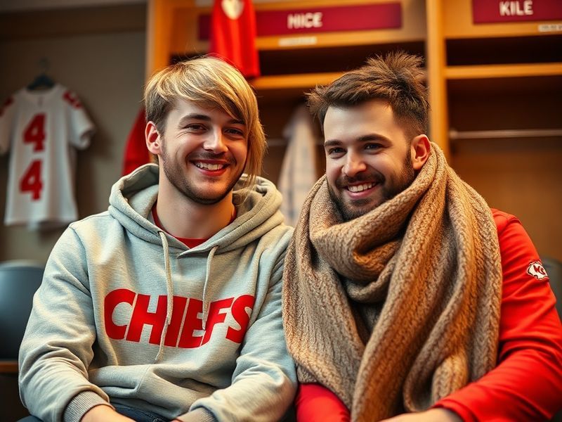 A split-image scene: on the left, Taylor Swift in a Chiefs jersey at a football game; on the right, Travis Kelce smiling duri