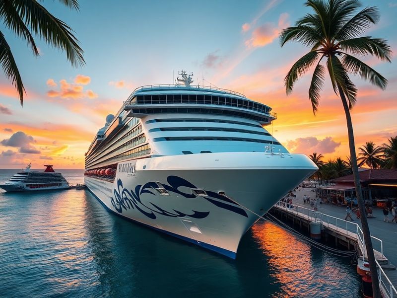 The Sapphire Princess cruise ship sailing through turquoise waters with a backdrop of tropical islands, palm trees, and clear