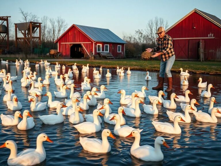 A rustic farm scene in Suffolk County, New York, featuring a small duck pond surrounded by green pastures, with wooden farm b