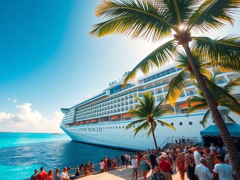 A vibrant sunset view of the Sapphire Princess cruise ship sailing through turquoise waters, with multiple decks and balconie
