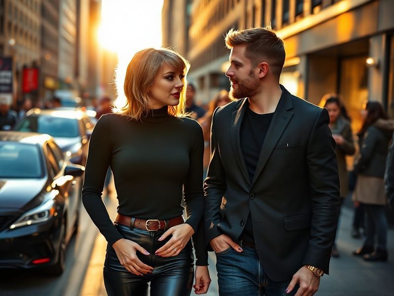 A vibrant photo of Taylor Swift and Travis Kelce at an NFL game, with Swift in a sparkling outfit and Kelce in his Chiefs jer