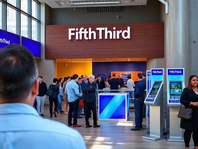 A split-image visual: on the left, a vintage black-and-white photo of a 19th-century Cincinnati bank interior with tellers in