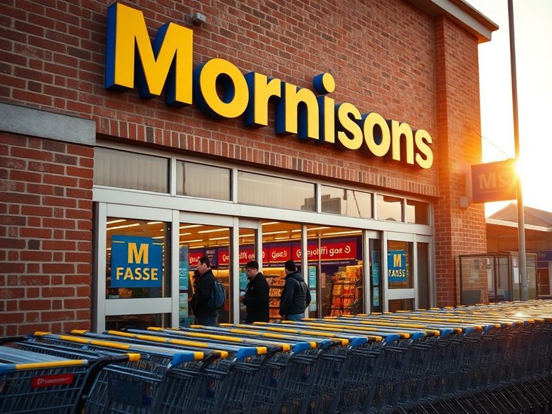 A well-stocked Morrisons store interior with fresh produce displays, branded 'M' products on shelves, and a visible emphasis