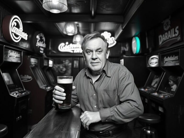 A mid-shot of Les Dennis in a classic red coat and top hat, mid-performance on a brightly lit stage with a festive panto back