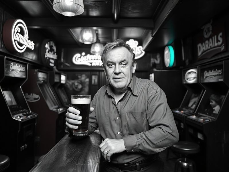 A mid-shot of Les Dennis in a classic red coat and top hat, mid-performance on a brightly lit stage with a festive panto back