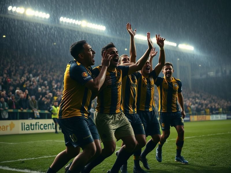 A packed Rodney Parade stadium with Newport County players celebrating a crucial late-season win, under floodlights with a mi