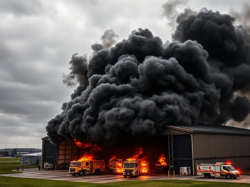 Aerial view of a smoldering commercial building near RAF Fairford with firefighters and smoke visible, captured during daylig