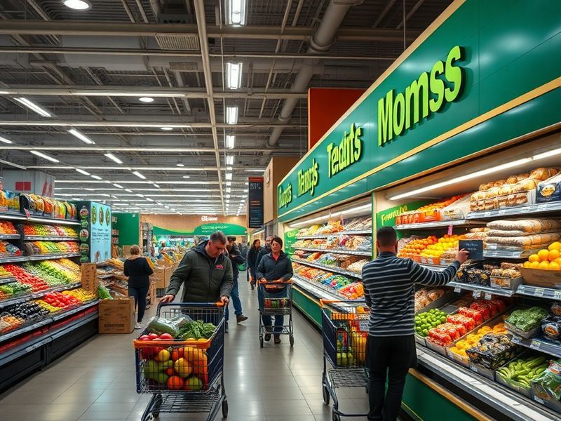 A well-stocked Morrisons store interior with fresh produce displays, a customer shopping with a reusable bag, and digital scr