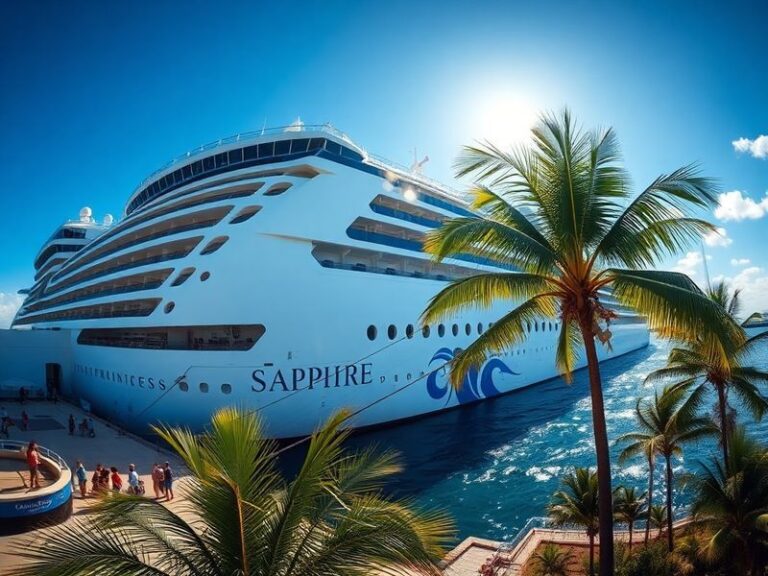 A vibrant sunset view of the Sapphire Princess cruise ship sailing through calm waters, with a backdrop of snow-capped mounta