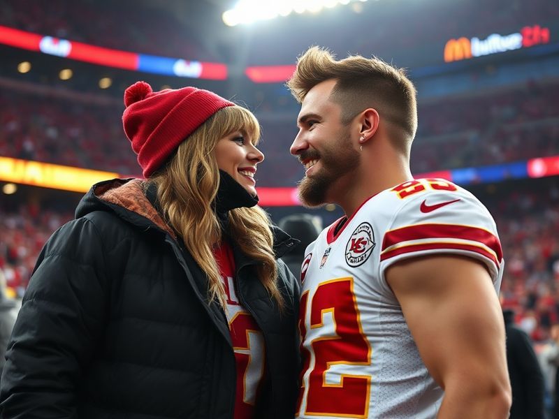 A stylized photo of Taylor Swift and Travis Kelce sitting together in the stands at an NFL game, wearing matching Chiefs jers