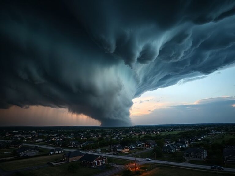 A dramatic scene of dark storm clouds looming over a North Texas suburb, with emergency vehicles and residents seeking shelte