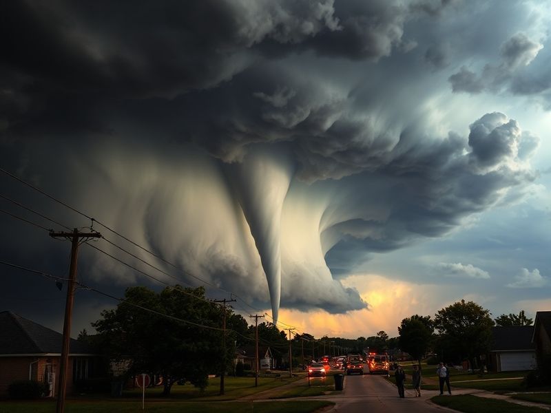 A dramatic photo of a tornado forming over a North Texas suburb, with dark storm clouds, downed power lines, and emergency ve