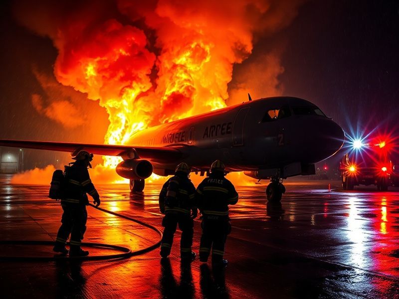 A dramatic nighttime scene of firefighters battling a large blaze at a US Air Force base hangar, with military aircraft visib