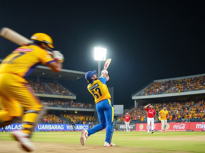 A vibrant stadium atmosphere during an IPL match between CSK and GT, featuring players in action, the iconic yellow and blue