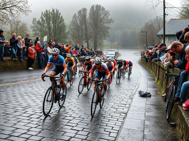 A panoramic shot of the rolling Ardennes hills during Liège-Bastogne-Liège, featuring a peloton of cyclists ascending the ste