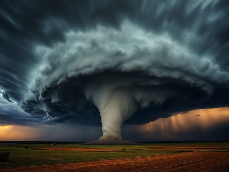 A dramatic scene of dark storm clouds looming over North Texas suburbs, with a visible tornado funnel touching down in the di