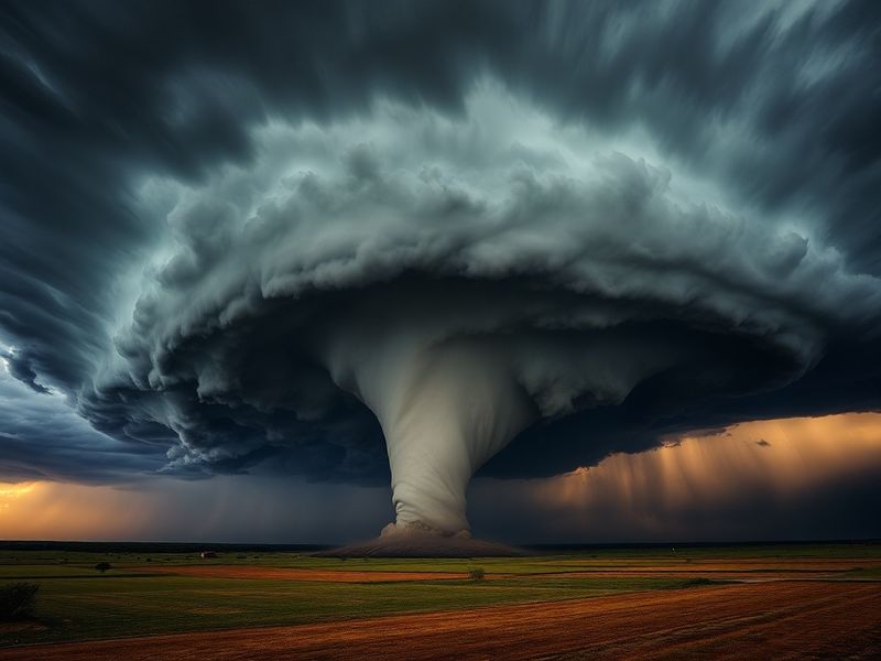 A dramatic scene of dark storm clouds looming over North Texas suburbs, with a visible tornado funnel touching down in the di