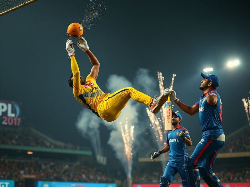 A vibrant cricket stadium at night, with CSK’s yellow jersey and GT’s blue jersey players in action under bright floodlights.