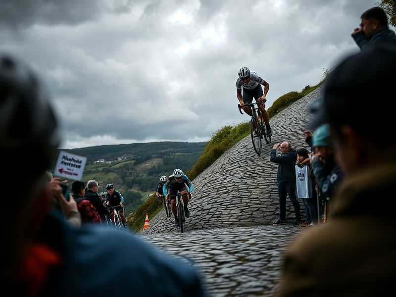 A panoramic shot of the 2023 Liege Bastogne Liege finale on Roche-aux-Faucons, showing a lone rider cresting the climb under