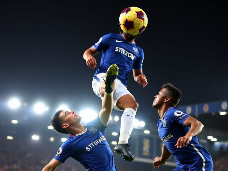 A dramatic mid-game action shot at Goodison Park, showing Everton and Chelsea players in a tense duel near the goalmouth, wit