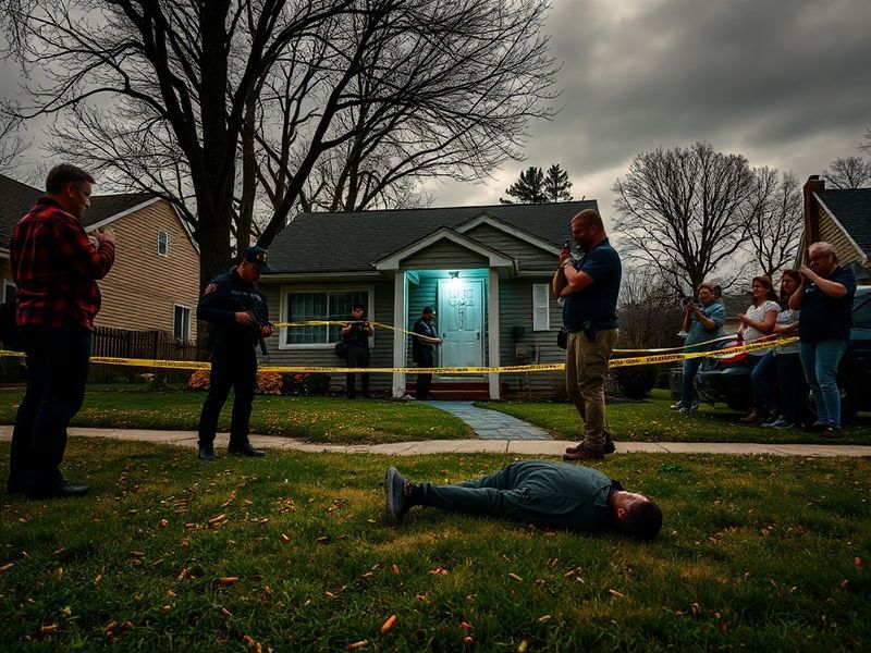 A somber evening scene showing police tape cordoning off a downtown Bloomington area at night, with emergency lights reflecti