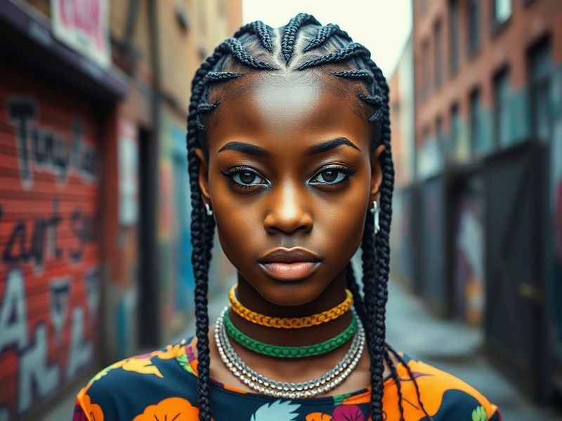 A dynamic photo of a diverse group of people performing the Flau'Jae dance in an urban setting, with vibrant bounce music vis