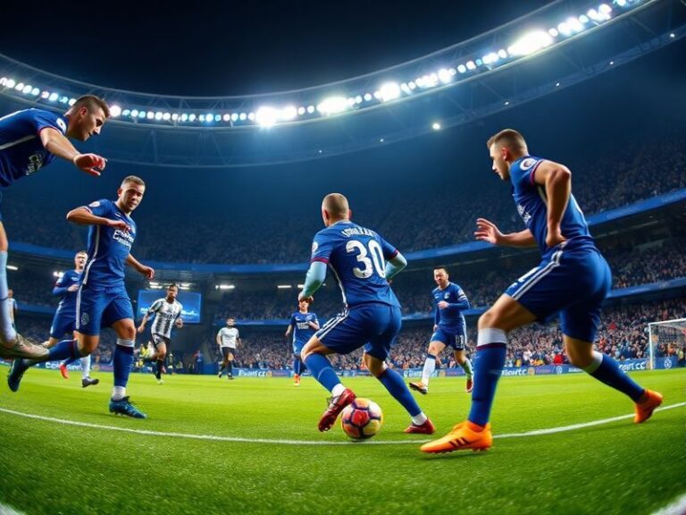 A dynamic shot of Everton's Jarrod Bowen scoring a header past Chelsea goalkeeper Robert Sánchez, with Everton players celebr
